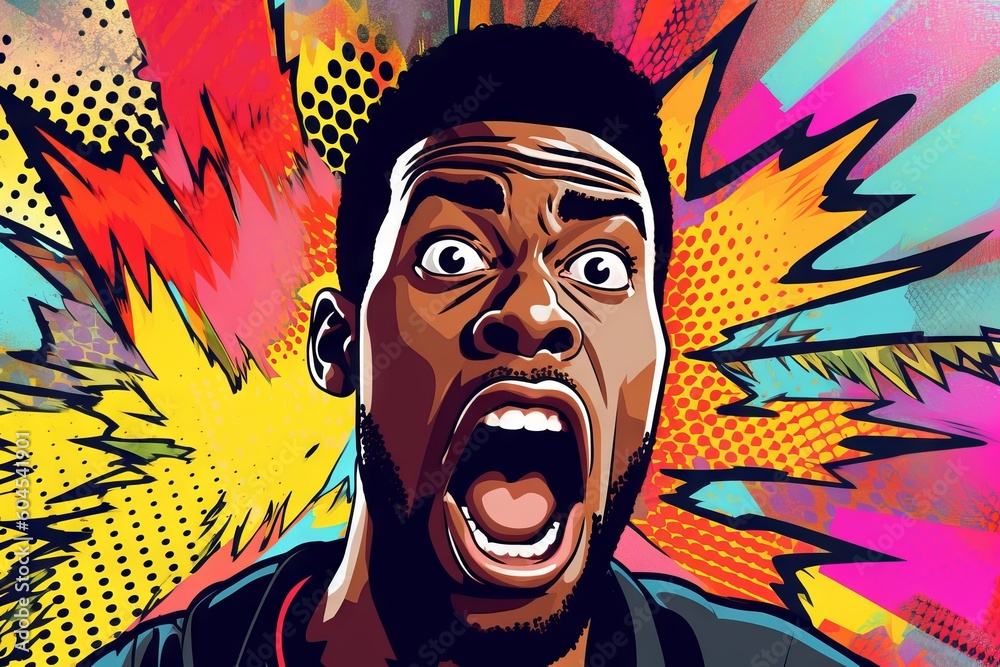 Black Male Shouts on Colorful Pop Art Background, Copy Space, Generative AI