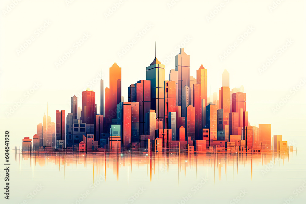 Obraz premium view of a cityscape with big buildings and its relfection, generative ai