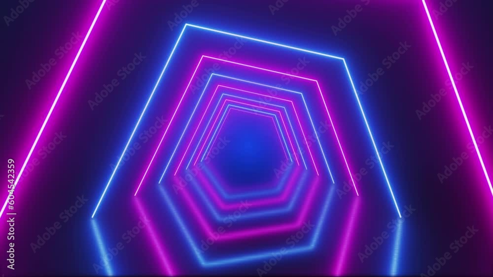 Moving neon tunnel. Blue and red lines of portal glowing and reflected on floor. Looped seamless animation. Moving neon tunnel. Blue and red lines of portal glowing and reflected on floor. Looped seamless animation.