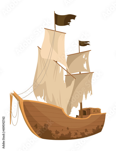Broken ship icon. Cartoon wooden battered ship with tattered flag and sails after wreck or attack. Destroyed, wreck ship isolated on white background