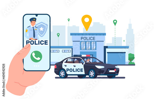 Phone app to quickly call police. Smartphone application, patrol automobile with flashing lights and station building, policemen in auto, hand hold mobile cartoon flat isolated vector concept