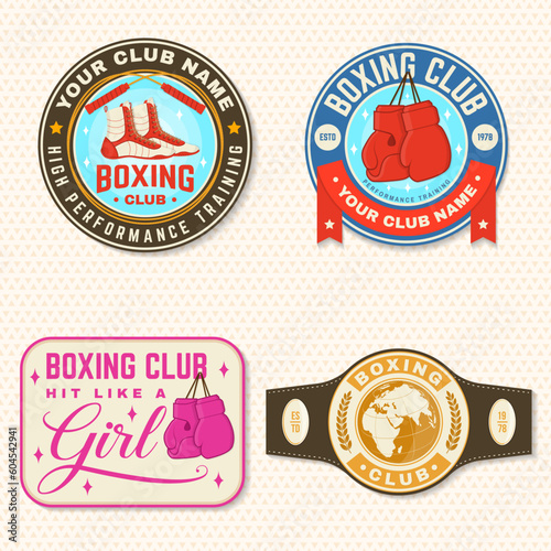 Set of Boxing club badge, logo, patch design. Vector. For Boxing sport club emblem, sign, shirt, template. Vintage retro patch, label, sticker with jump rope, boxing gloves and boxing shoes silhouette