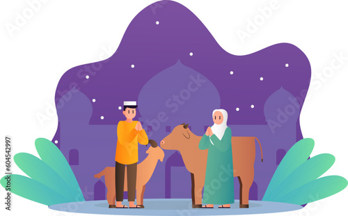 islamic design illustration concept for Happy eid al adha or sacrifice celebration event with people