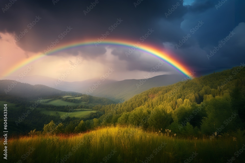 Obraz premium rainbow over the mountains, rainbow, sky, landscape, nature, clouds, field, grass, rain, cloud, summer, beautiful,