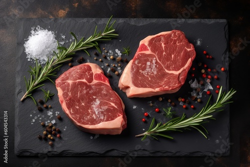 Savory Temptation: Raw Steak on Slate, a Duo of Uncooked Juicy Steaks, raw steak, slate, uncooked, juicy, meat, beef, food, appetizing, succulent, marbled, protein,