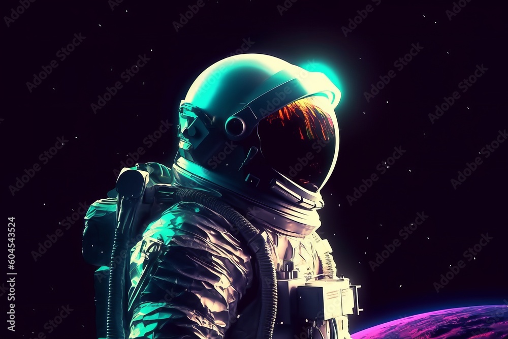 Astronaut in a space suit and helmet in outer space in the background of the night city. Science fiction. 3D rendering. Neon Ligh, generative Ai Astronaut in a space suit and helmet in outer space in the background of the night city. Science fiction. 3D rendering. Neon Ligh, generative Ai