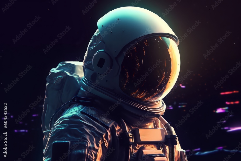 Astronaut in a space suit and helmet in outer space in the background of the night city. Science fiction. 3D rendering. Neon Light, generative Ai Astronaut in a space suit and helmet in outer space in the background of the night city. Science fiction. 3D rendering. Neon Light, generative Ai