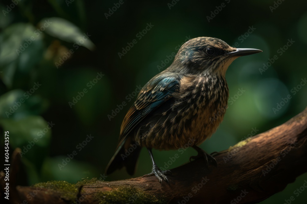 Fototapeta premium Close up Blue-bellied Thrush on a tree branch, generative Ai