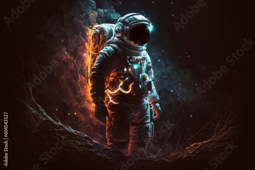 Astronaut in a space suit and helmet in outer space in the background of the night city. Science fiction. 3D rendering. Neon Light and colorful smoke, generative Ai