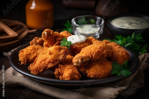 Sizzling Delight: Spicy Deep Fried Breaded Chicken Wings with Ranch Sauce Tempting Taste Buds, spicy, chicken wings, crispy, fried food, comfort food, spicy chicken, fried chicken, finger food,