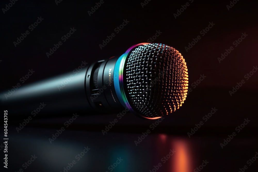 Microphone on a black background, close-up. 3d rendering, generative Ai