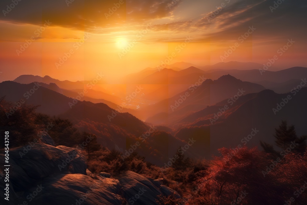 Mountain Majesty: Breathtaking Sunset Paints the Sky Over Majestic Peaks, sunset, mountains, mountain peaks, scenic beauty, natural landscape,