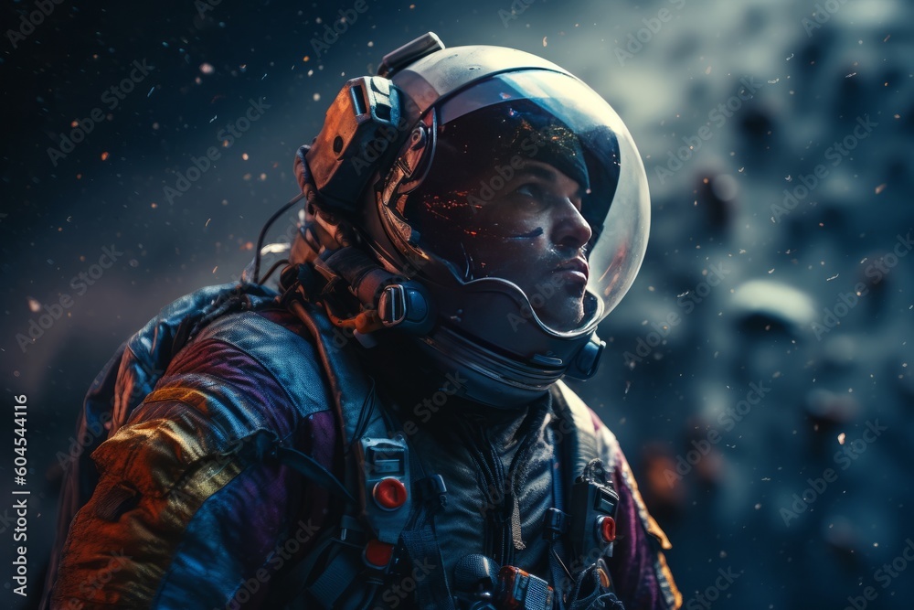 Astronaut in spacesuit against the background of the night sky. Science fiction. 3D rendering. Neon Light, generative Ai Astronaut in spacesuit against the background of the night sky. Science fiction. 3D rendering. Neon Light, generative Ai