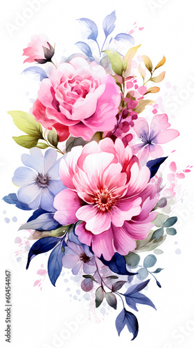 Beautiful realistic watercolor bouquet of flowers on a white background, vertical banner