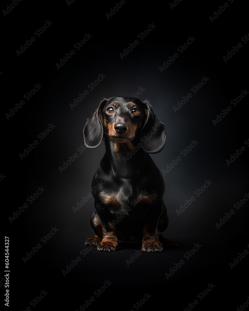 A Dachshund dog on a black background