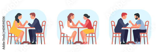 Set of men and women sitting and competing at table, arm wrestling at desk. Concept of life competition. Gender confrontation, armwrestling sport. Vector cartoon flat isolated illustration