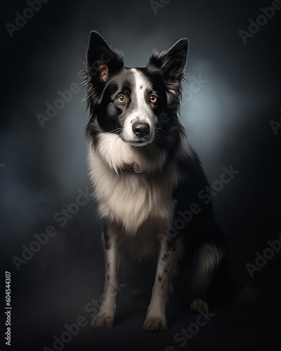 A border collie dog stands in a back background