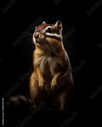 A chipmunk sits in the dark with a black background.