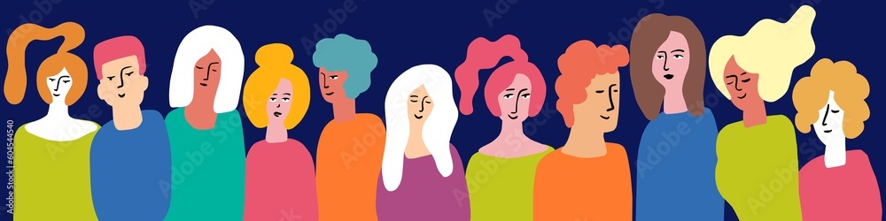 Vector horizontal illustration of a group of men and women, hand-drawn in the style of doodles. A group of young people. Vector horizontal illustration of a group of men and women, hand-drawn in the style of doodles. A group of young people.