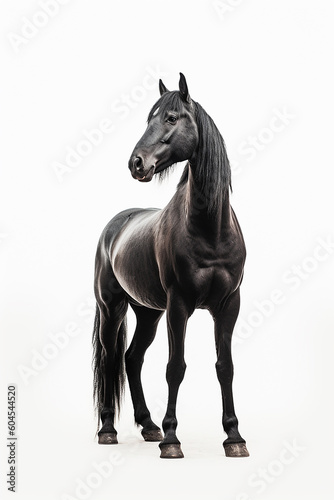 A black horse with a black mane and a white background