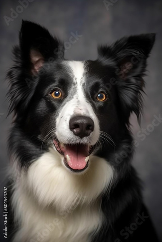 A border collie dog stands in a plain background