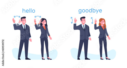 Sign language of deaf people, man and woman showing greeting and farewell phrases. Hand gestures hello and goodbye, business people greet. Cartoon flat style isolated vector concept