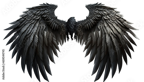 Pair of black wings with feathers isolated on transparent background.  Angel or bird style Generative AI 