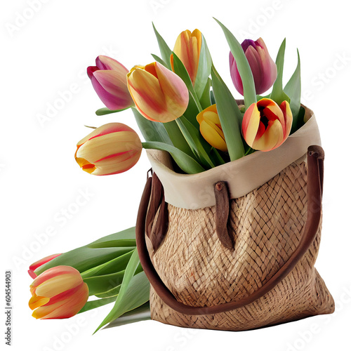 beautiful tulips in a jute bag isolated on a transparent background.