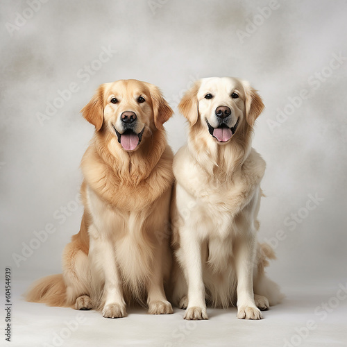 A photo of two Golden Retriever on a grey background