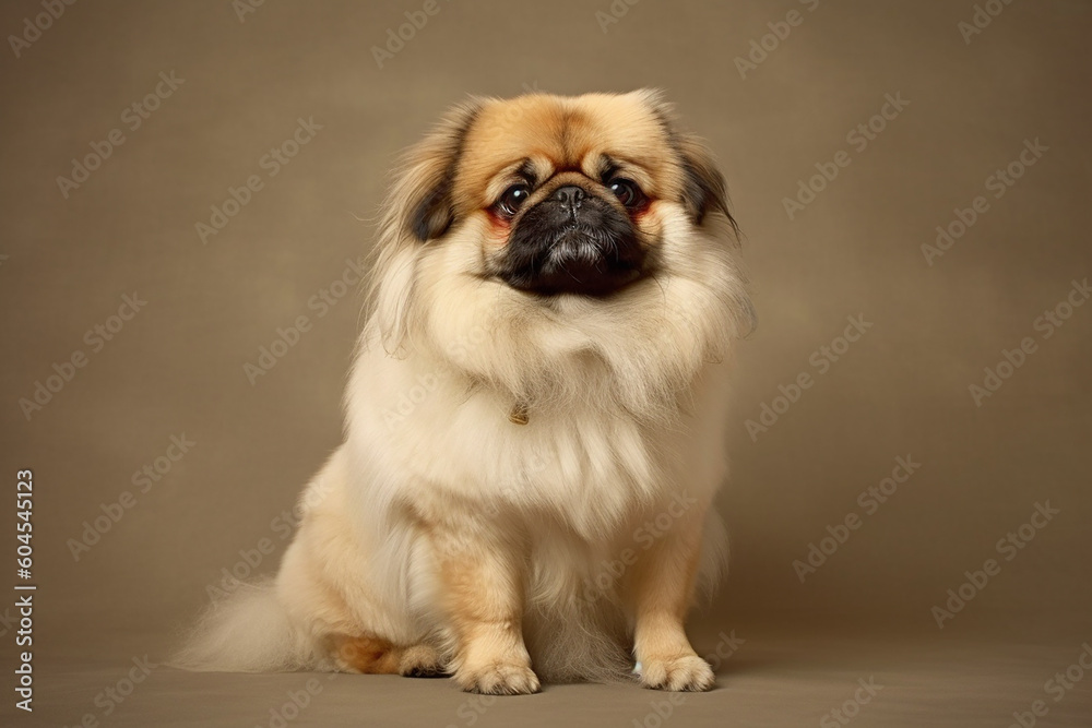 A photo of a Pekingese portrait on a grey background A photo of a Pekingese portrait on a grey background