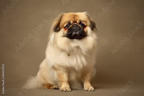 A photo of a Pekingese portrait on a grey background