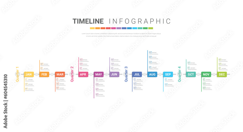 Timeline for business 4 quarter in 1 year, 12 months. Infographic template can be used for workflow, process diagram, flow chart. Timeline for business 4 quarter in 1 year, 12 months. Infographic template can be used for workflow, process diagram, flow chart.
