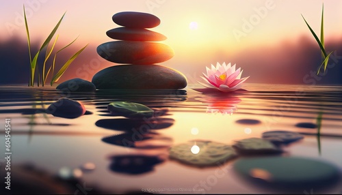 Balance and relaxation background  balancing pebbles in water with flower  Ai based Generative AI