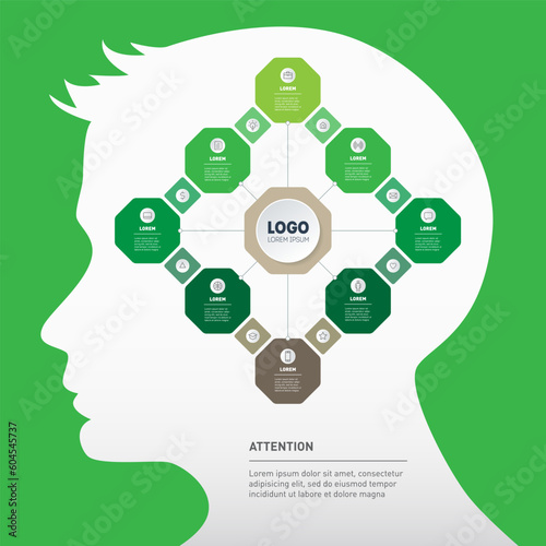 Infographics inside human head silhouette. Business presentation concept with eight options, parts, steps or processes. A map of neural connections.