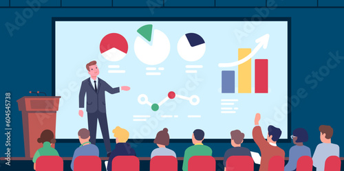 Speaker on stage in front of big screen answers questions from people sitting there. Business presentation with graph, chart and diagrams. Cartoon flat style isolated vector concept