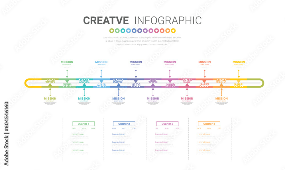 Timeline for business 4 quarter in 1 year, 12 months. Infographic template can be used for workflow, process diagram, flow chart. Timeline for business 4 quarter in 1 year, 12 months. Infographic template can be used for workflow, process diagram, flow chart.