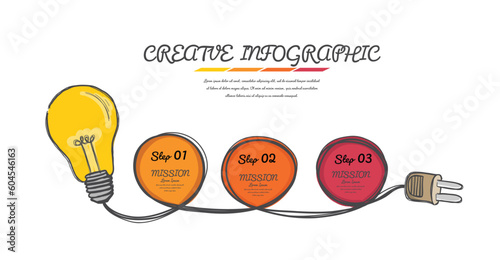 Freehand drawing light bulb infographic design template. Business concept 3 element can be used for workflow number steps. Template chart diagram for presentation.
