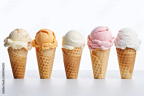 A row of ice cream cones are lined up on a table.
