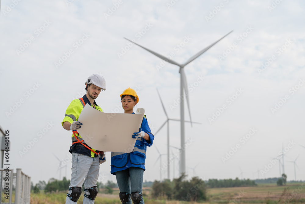 Male and female engineer in uniform with helmet safety holding blueprint and discussing to inspection and maintenance of wind turbine in wind farm to generate electrical energy, Renewable power energy