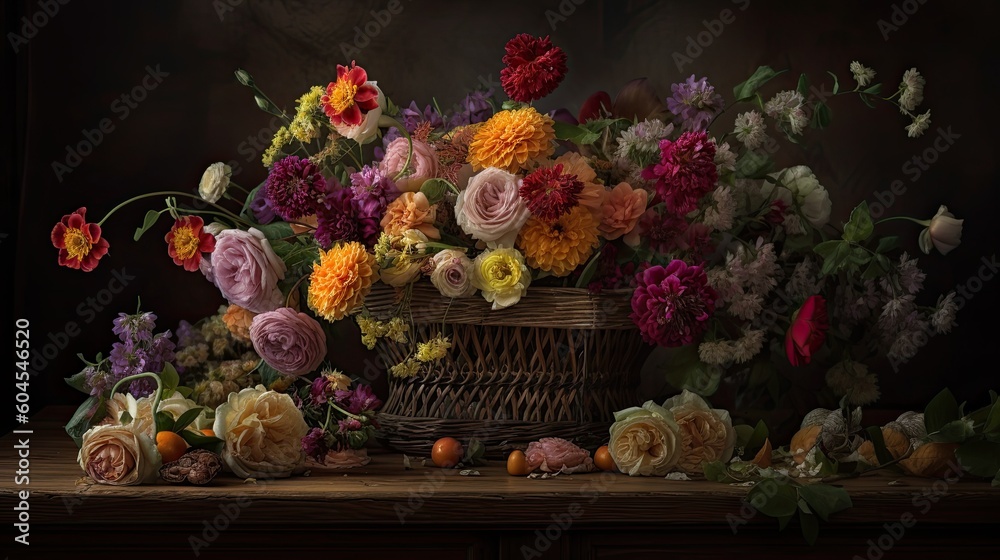 Vintage spring flowers bouquet over dark background, traditional dutch style, illustration Generative AI