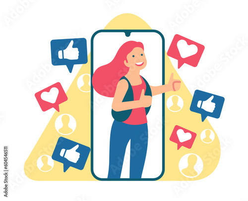 Woman receives and puts likes and hearts on social network. Happy girl on smartphone screen, thumbs up and heart icons, blogger or influencer cartoon flat style isolated vector concept