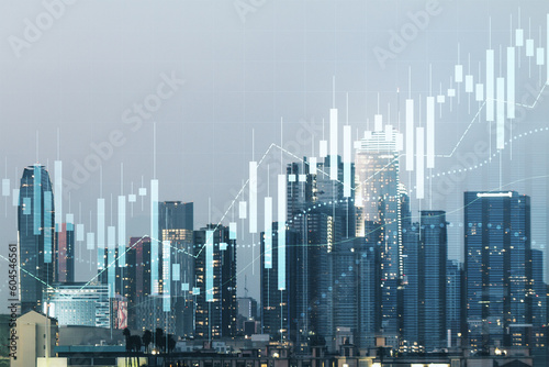 Double exposure of virtual creative financial diagram on Los Angeles office buildings background, banking and accounting concept