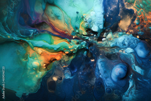 Abstract fluid art painting in alcohol ink liquid technique. Imitation of marble stone cut. Blend of colors that creates sheer waves. Background for posters, product packaging. Generative AI