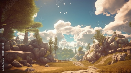 3D illustration of a fantasy landscape with trees, grass and sky., generative Ai