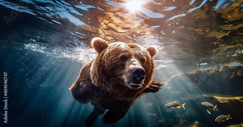 Bear swimming under water, fishing, The Kamchatka brown bear, Ursus arctos beringianus catches salmons at Kuril Lake in Kamchatka, running in the water, action picture photo