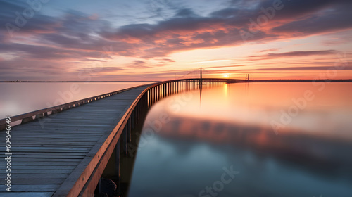 Denmark, Aarhus, Long exposure of Infinite Bridge and Aarhus Bay at sunrise