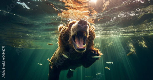 Bear swimming under water, fishing, The Kamchatka brown bear, Ursus arctos beringianus catches salmons at Kuril Lake in Kamchatka, running in the water, action picture photo