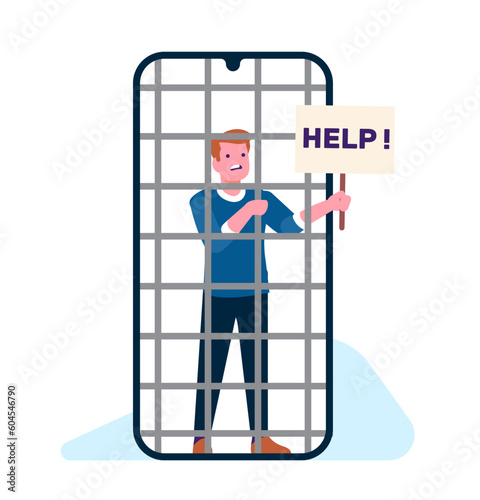 Young man suffering from nomophobia and phone addiction. Sad man in prison in form of smartphone with help sign, social media and internet. Cartoon flat style isolated vector concept