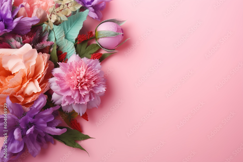Celebration floral backdrop with copy space, bouquet of beautiful colorful flowers on pastel pink background. Generative AI