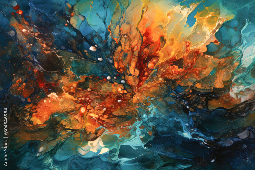 Abstract fluid art painting in alcohol ink liquid technique. Imitation of marble stone cut. Blend of colors that creates sheer waves. Background for posters, product packaging. Generative AI